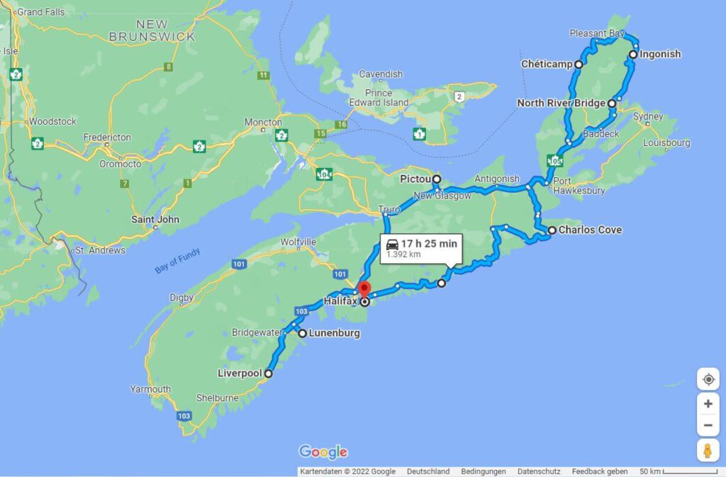 Unsere Reiseroute durch Nova Scotia - Quelle: Google Maps