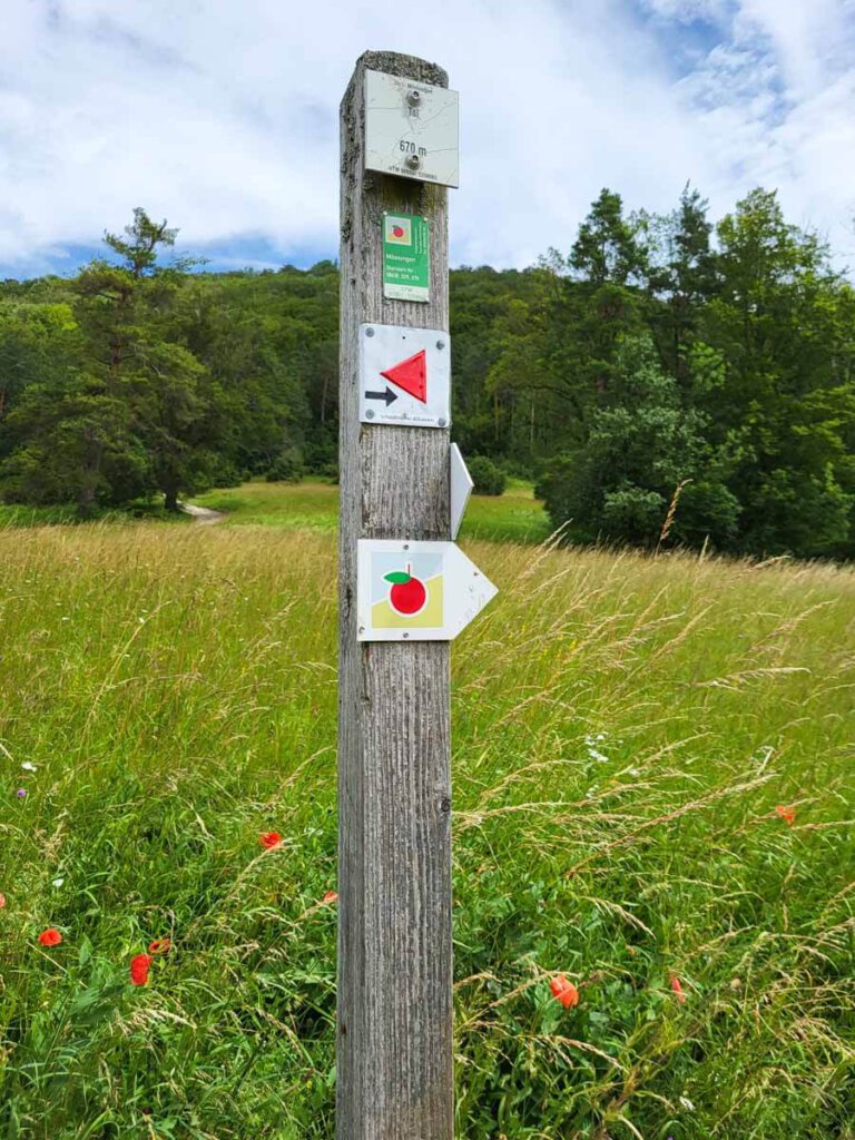 Beschilderung der Früchtetrauf-Premiumwege im Landkreis Tübingen: Roter Apfel am grünen Hang