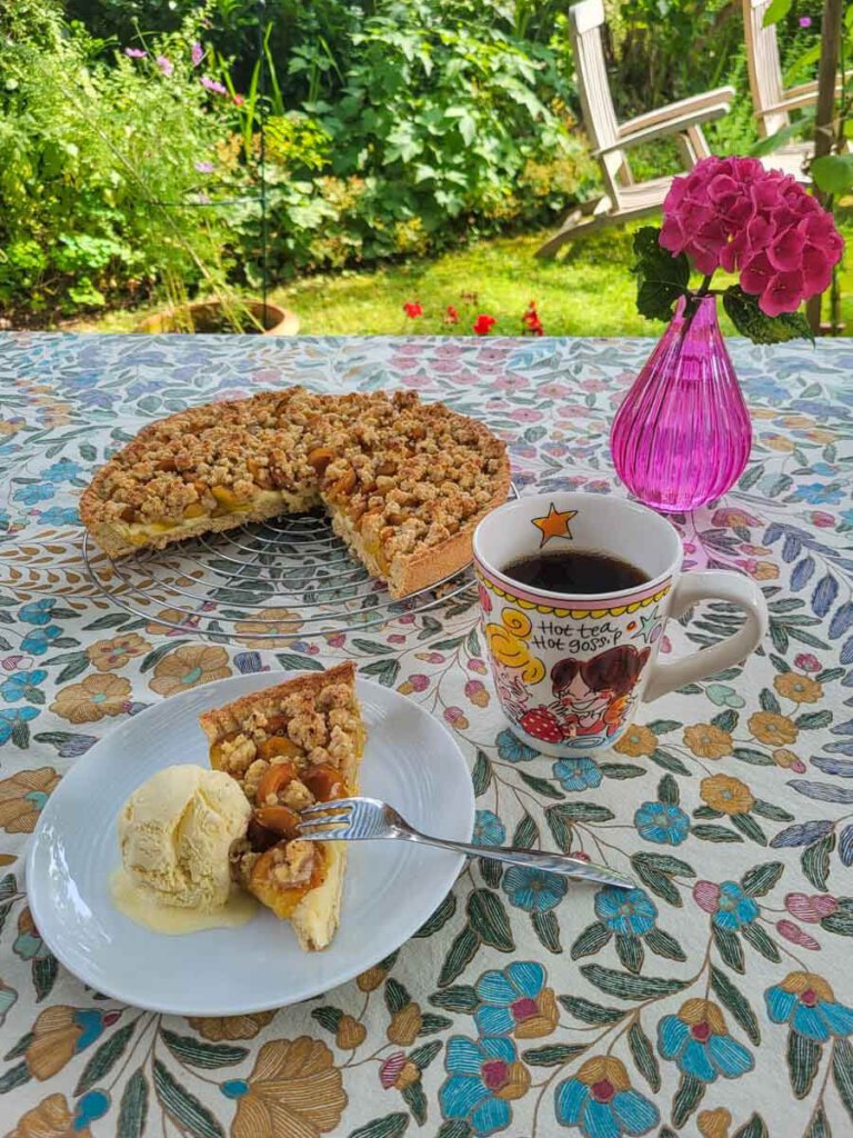 Lauwarmer Mirabellenkuchen mit Pudding & Streuseln und einer Kugel Eis