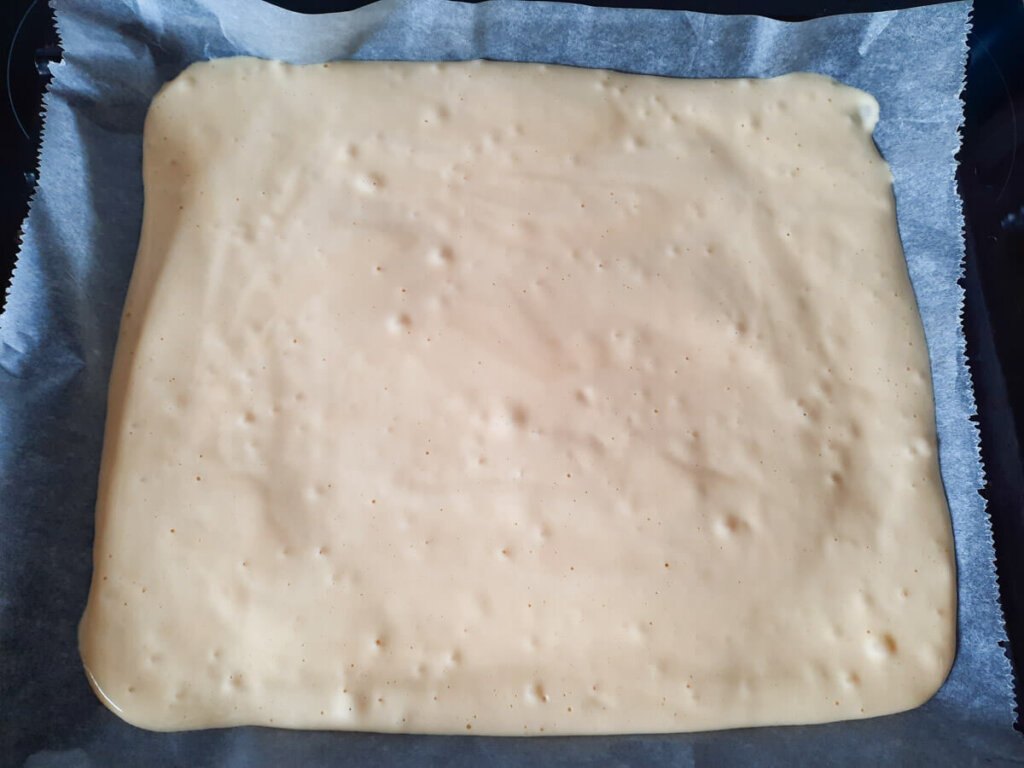 Biskuitteig auf Backpapier im Backblech