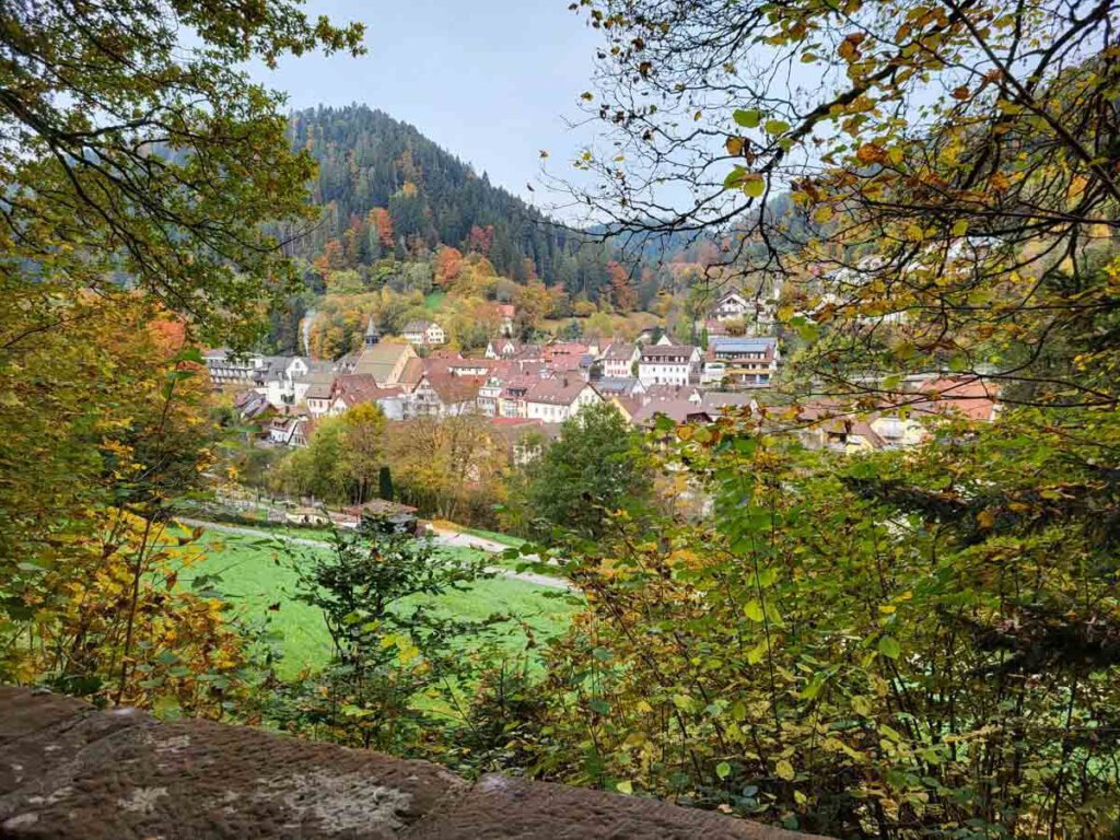 Blick vom Selfiepoint ins herbstliche Teinachtal