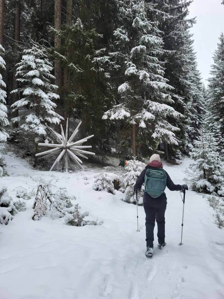 Achtsamkeitswanderung mit Daniela Hochmuth auf dem verschneiten Weg der Sinne am Pillberg