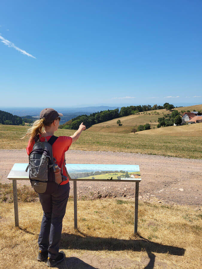Travelsanne an einer Panoramatafel des Panorama-Wanderwegs in Freiamt